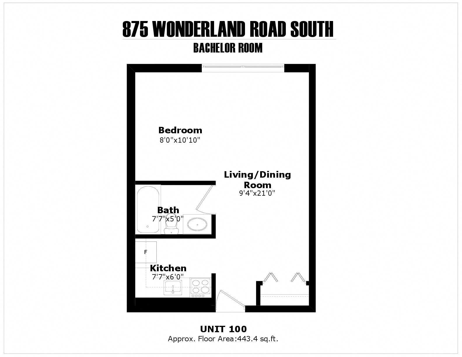 Floor plan for studio, 1 bath, 443 sqft